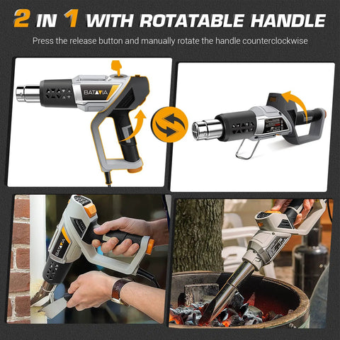 Pro Grade 2 In 1 Heat Gun With Rotatable Handle And Stand, 1500W tool shown in three angles including hands-free use