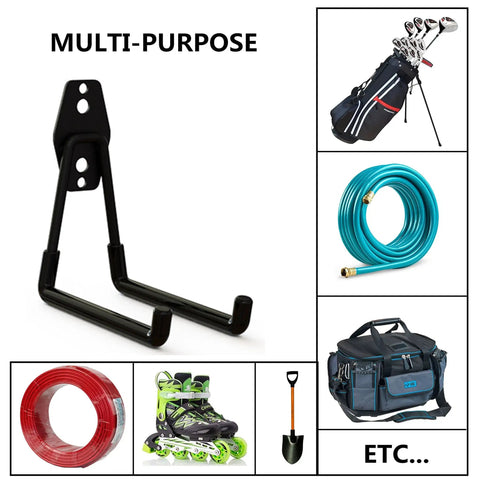 Heavy Duty Wall Mount Garage Hooks Set 4 Pack With Anti Slip Coating Beefed Up For Shovels Ladders Chairs Hoses Bicycles Tools 66Lb Load Capacity Space Saving Organizer multi-purpose use shown with various items