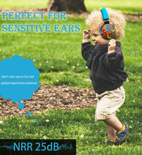 Child wearing kids noise cancelling earmuffs with 25dB NRR fireworks pattern, comfy fit ages 3 to 12, ideal for loud outings.