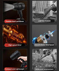 Diagram comparing features of Beast Cordless Leaf Blower with 350000 RPM Turbo Motor and lightweight design against competitors.