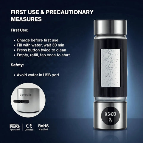 Hydrogen Water Bottle With 6000 PPB Concentration Portable 16.2 Oz Generator And SPE PEM Ionizer in stainless steel with instructions