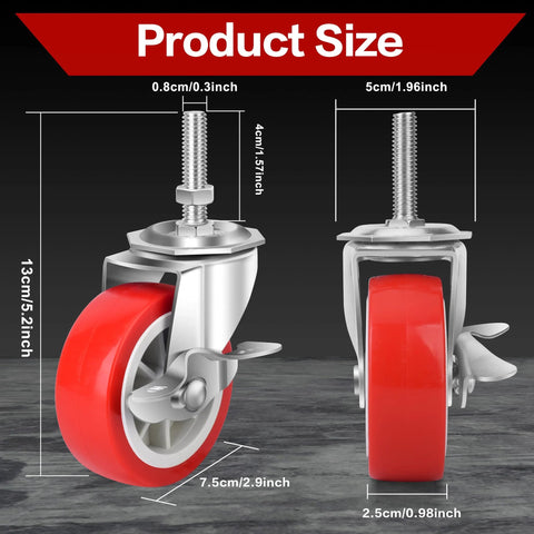Heavy Duty Stem Casters With Brakes Swivel Wheels Set Of Four Locking Threaded Stem Casters Three Eighths Inch 16 UNC
