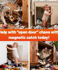 Image showing a dog and cat opening cabinets, causing mess. Demonstrates need for Ultra Thin No Drill Magnetic Cabinet Catch 6 Pack.