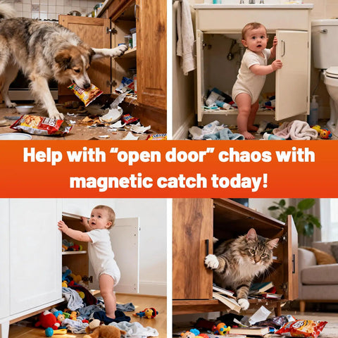 Image showing a dog and cat opening cabinets, causing mess. Demonstrates need for Ultra Thin No Drill Magnetic Cabinet Catch 6 Pack.