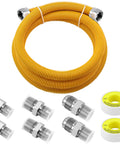 72 Inch Flexible Gas Line Kit Yellow Coated Stainless Steel Gas Hose With Five Eighths Outside Diameter And One Half Inside Diameter Includes Half FIP Adapters, Three Quarter MIP Adapters, And Half MIP Adapters For Dryer Stove Water Heater