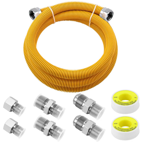 72 Inch Flexible Gas Line Kit Yellow Coated Stainless Steel Gas Hose With Five Eighths Outside Diameter And One Half Inside Diameter Includes Half FIP Adapters, Three Quarter MIP Adapters, And Half MIP Adapters For Dryer Stove Water Heater