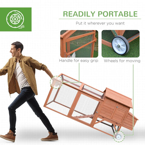 Man moving 96.5-Inch Wooden Chicken Coop With Portable Wheels, Hen House And Nesting Box, demonstrating portability and design.