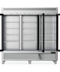 Top Shelf Heavy Duty Commercial Reach In Refrigerator With Three Glass Doors And Seventy Two Cubic Feet Of Stainless Steel Upright Merchandiser, open doors, adjustable shelves.