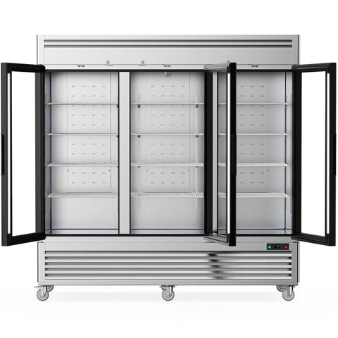 Top Shelf Heavy Duty Commercial Reach In Refrigerator With Three Glass Doors And Seventy Two Cubic Feet Of Stainless Steel Upright Merchandiser, open doors, adjustable shelves.