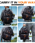 Camo Fishing Backpack With Tackle Box Kit And Rod Holders, shown as backpack, chest bag, sling bag, hand bag configurations