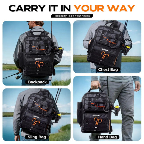 Camo Fishing Backpack With Tackle Box Kit And Rod Holders, shown as backpack, chest bag, sling bag, hand bag configurations