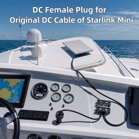 DC cable connected to Starlink Mini on boat, 105W Car Power Adapter Cable With Step Up Converter From 12 24V To 30V Three Point Five Amp Boost