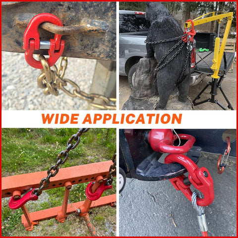 Half Inch Clevis Slip Hook And Chain Connector Link Set G80 Rated showing multiple heavy-duty towing applications with 11,600 lb WLL.