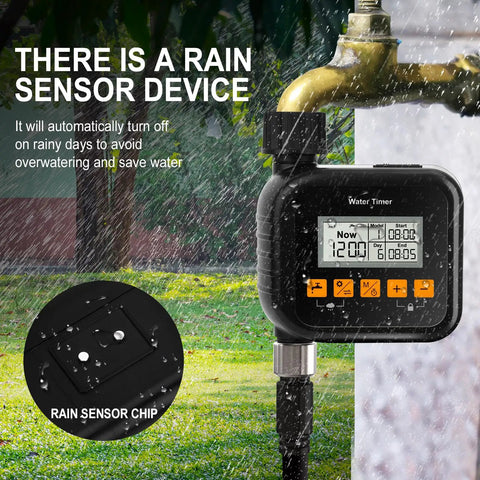 Smart Hose Timer For Garden And Outdoor Irrigation With Rain Sensor connected to outdoor faucet during rain shower