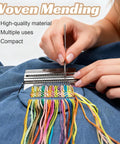 Close-up of hands using Knit Patch Loom Kit For Beginners And Mending 2.0 for repairing denim with colorful threads.