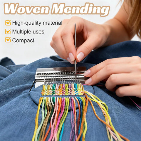 Close-up of hands using Knit Patch Loom Kit For Beginners And Mending 2.0 for repairing denim with colorful threads.