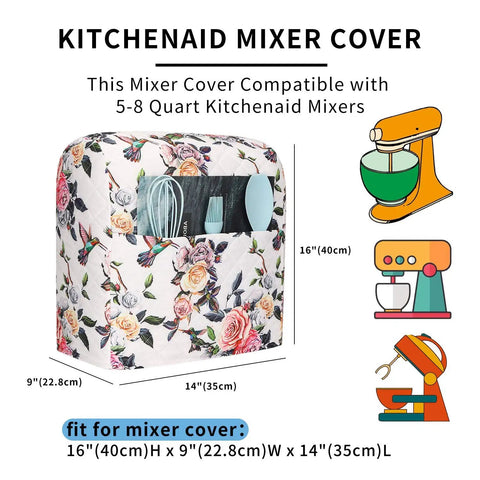 Stand Mixer Cover For 5 To 8 Quart Mixers Durable Quilted Polyester With Pockets, floral design, dimensions 16x9x14 inches