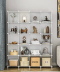 12 Cube Closet Organizer And Storage System White, super sturdy stackable cube shelves with decor in a living room setting.