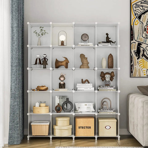 12 Cube Closet Organizer And Storage System White, super sturdy stackable cube shelves with decor in a living room setting.