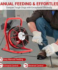 Heavy Duty Electric Drain Snake Machine With 75 Foot Steel Core Cable for home use, showing manual feeding and clog clearing.