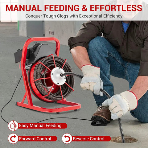 Heavy Duty Electric Drain Snake Machine With 75 Foot Steel Core Cable for home use, showing manual feeding and clog clearing.