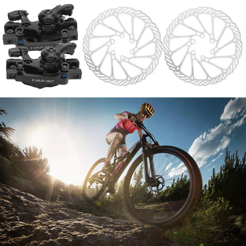 Heavy Duty Mechanical Disc Brake Kit For Mountain And Folding Bikes Featuring Rock Solid Aluminum Calipers and rugged rotors shown in action.