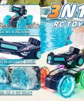Amphibious RC Car That Rips On Land And Water 4WD Waterproof Monster With Water Gun 2 4GHz Battle Ready Boat features three modes by poolside.