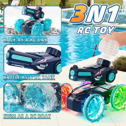 Amphibious RC Car That Rips On Land And Water 4WD Waterproof Monster With Water Gun 2 4GHz Battle Ready Boat features three modes by poolside.