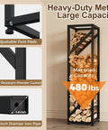 4 Tier Indoor Firewood Rack 47 Inch Tall Heavy Duty Log Holder For Fireplace Minimalist Black Design Space Saving Vertical Storage Easy Assembly Partitioned Firewood Storage Built To Last with 480 lbs capacity and adjustable foot pads