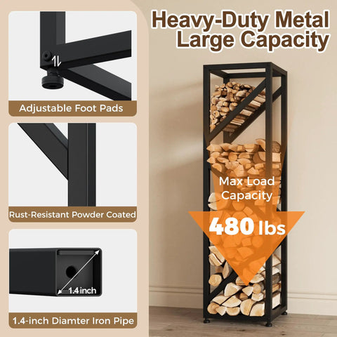 4 Tier Indoor Firewood Rack 47 Inch Tall Heavy Duty Log Holder For Fireplace Minimalist Black Design Space Saving Vertical Storage Easy Assembly Partitioned Firewood Storage Built To Last with 480 lbs capacity and adjustable foot pads