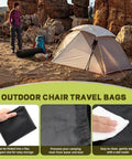 Camp scene with a tent and person, showcasing Tough Folding Chair Carry Bag For Camp Chairs Fits Most Standard Portable Lawn Chairs.