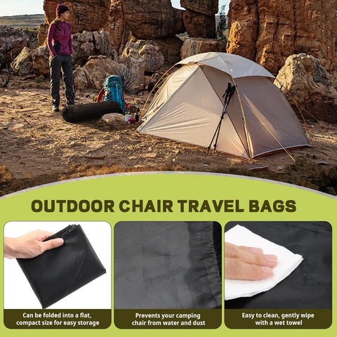 Camp scene with a tent and person, showcasing Tough Folding Chair Carry Bag For Camp Chairs Fits Most Standard Portable Lawn Chairs.