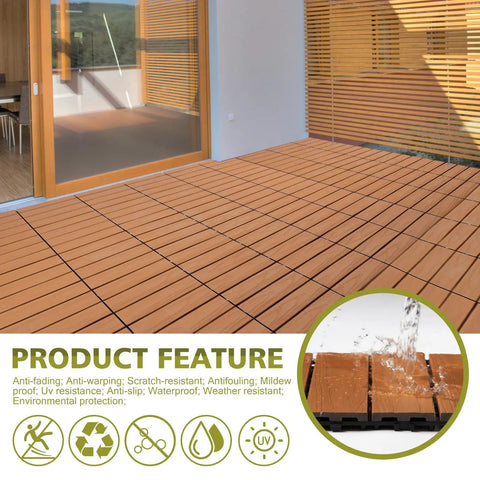 Wood Plastic Composite Patio Deck Tiles in Teak finish, 12x12 inches, waterproof, interlocking kit for outdoor and indoor use.