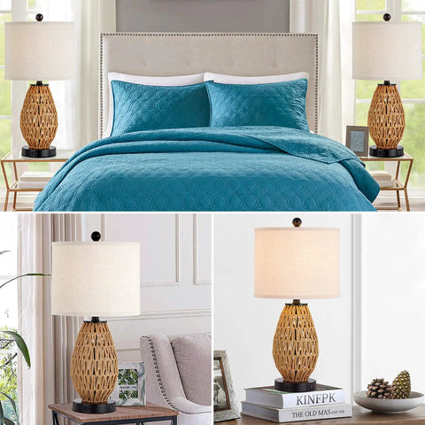 Rattan Table Lamp With Touch Control 3 Way Dimmable Bedside Light For Bedroom And Living Room Cozy Wicker Nightstand Lamp shown in bedroom settings.