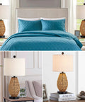 Touch Control Rattan Bedside Lamps Set Of 2 With 3 Way Dimming USB Ports And AC Outlet in bedroom and living area display.