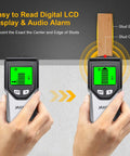 5 In 1 Stud Finder Wall Scanner with Smart Chip and HD LCD Display detecting stud center and edge on wooden surface