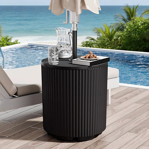 Outdoor Umbrella Stand With Hole And Water Bladder Base, Fluted Vertical Ribbed Design, All Weather Poolside Side Table For Patio Garden, Black, Multi