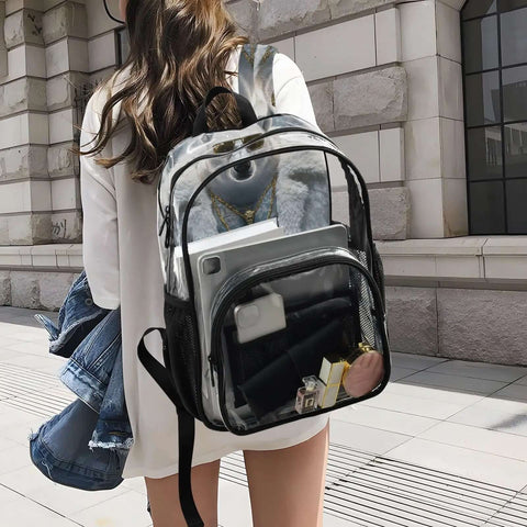 Woman carrying Clear PVC Backpack See Through Bookbag With Front Mesh Pocket And Side Bottle Pockets 12L