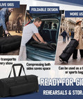 Badass 32 Inch Rolling Drum Hardware Duffle Bag With Smooth Wheels And Slamming Padding For Cymbal Stands Pedals Plus Side Pockets For Dope Gear Ready To Rock, showing foldable design for easy transport.