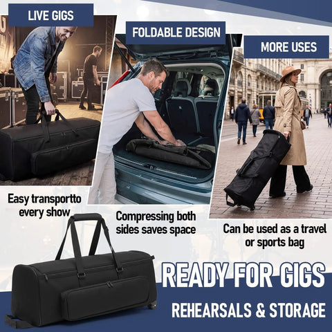 Badass 32 Inch Rolling Drum Hardware Duffle Bag With Smooth Wheels And Slamming Padding For Cymbal Stands Pedals Plus Side Pockets For Dope Gear Ready To Rock, showing foldable design for easy transport.