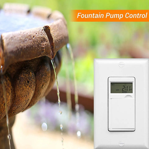 Programmable Digital Timer Switch For Lights Fans And Motors With 7 Day 18 On Off Timers And Auto Scheduling next to fountain