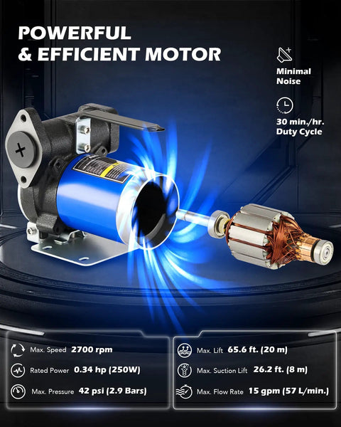 Powerful motor of 12V Gasoline And Diesel Fuel Transfer Kit For Light Oils 15 GPM Electric Pump with efficiency details