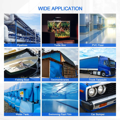 Collage of applications for a 1600W Hot Air Plastic Welder Kit For Roofing And Vinyl PVC TPO Repairs, including boats and floors