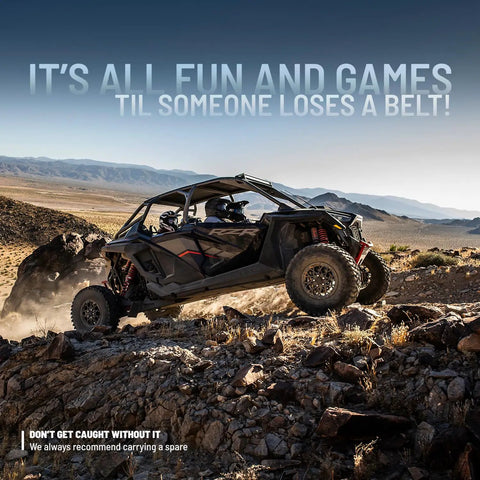 RZR off-road vehicle on rocky terrain highlighting importance of RZR Drive Belt For Specific Models Genuine OEM Part 3211226 Beefed Up