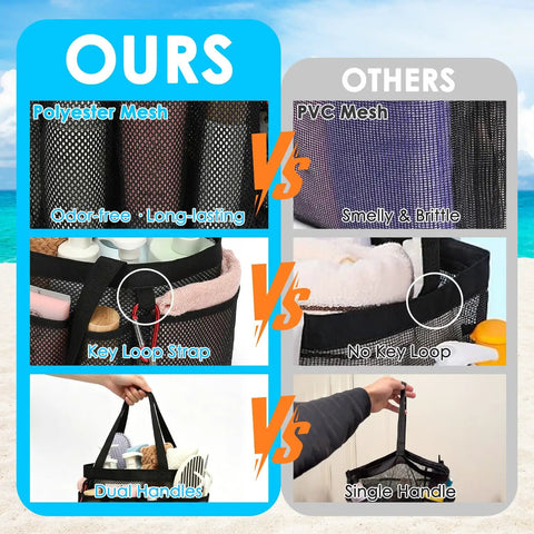 Comparison of odorless mesh shower caddy with dual handles and PVC mesh caddy; showing durability, key loop, and handle type.