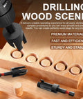 Kickass 16 Piece Wood Plug Cutter Drill Bit Set Featuring Straight And Tapered Heads Plus Masonry Bits And Screwdriver Tips Inside A Slick Carry Case For Smooth Woodworking Jobs, showing plug cutters and drilled wood.