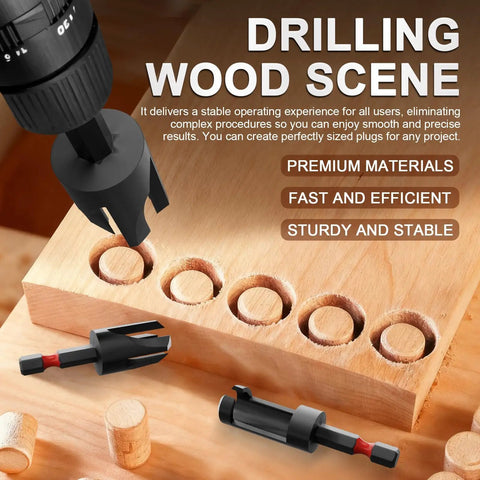 Kickass 16 Piece Wood Plug Cutter Drill Bit Set Featuring Straight And Tapered Heads Plus Masonry Bits And Screwdriver Tips Inside A Slick Carry Case For Smooth Woodworking Jobs, showing plug cutters and drilled wood.