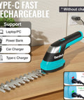 Cordless Do-It-All 3-In-1 Hedge Trimmer, Grass Shear, And Shrub Trimmer With USB-C charging on table with indicators.
