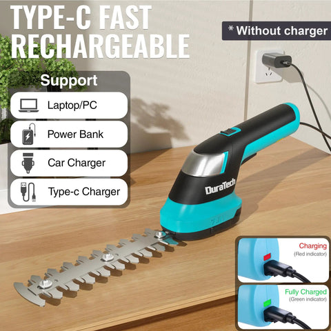 Cordless Do-It-All 3-In-1 Hedge Trimmer, Grass Shear, And Shrub Trimmer With USB-C charging on table with indicators.