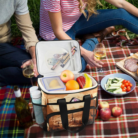 Cowboy Western Desert Insulated Lunch Bag With Adjustable Shoulder Strap on picnic blanket, 15L capacity with food items